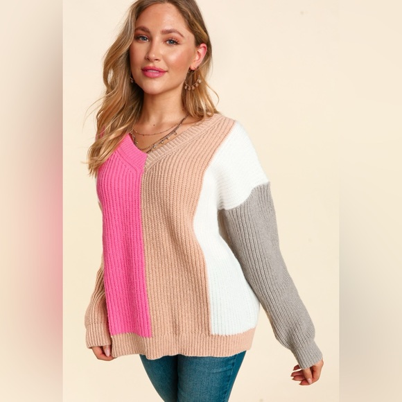 Color Block Knit V-Neck Pullover Relaxed Fit Sweater, Pink/Gray/Tan/White, S-M-L - Picture 5 of 10